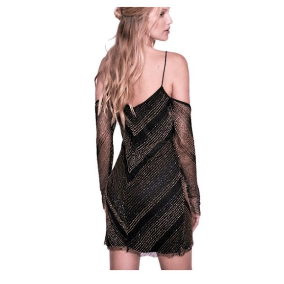 FREE PEOPLE Cold Shoulder Long Sleeve Beaded Deco Dress "Draw the Line" - Picture 3 of 9